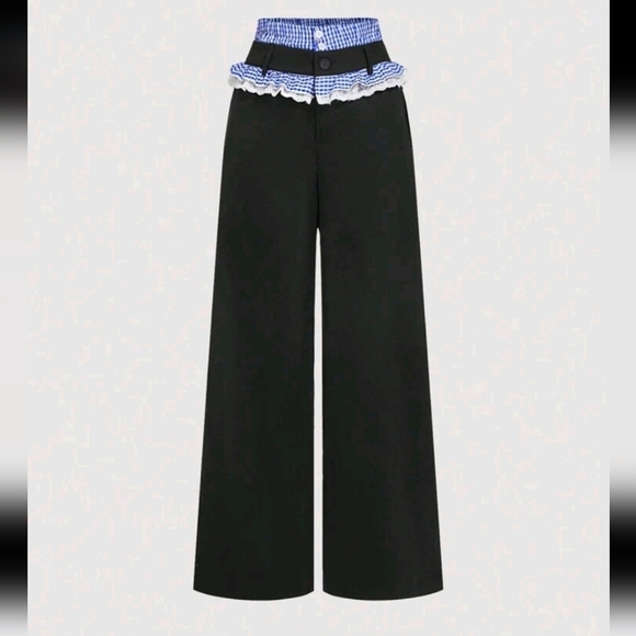 Women Say Contrasting Black Spliced ​​Waist Straight Trousers,Cute Trousers - Picture 1 of 6